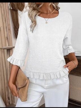 Women’s Ruffle Hem & Sleeve Top - White
